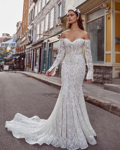 124114 off the shoulder wedding dress with long sleeves and mermaid silhouette1